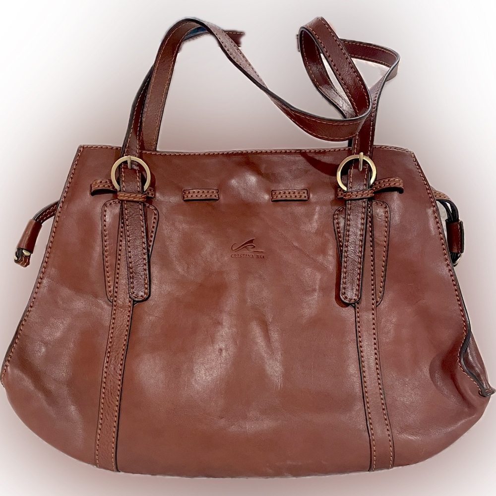 CHRISTINA RUI East-West cognac buffalo leather shoulder tote bag handbag
